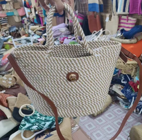 Bag Merched Rope Cotwm Gwehyddu â Llaw Gyda Handle Hir PU