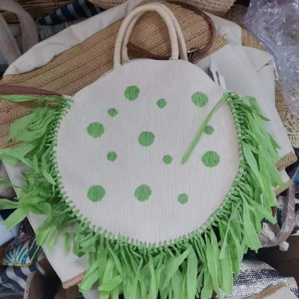 Bag crwn brodwaith papur gwyrdd gyda thaseli