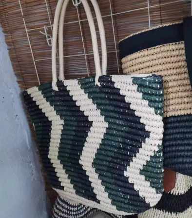 Bag Gwellt Merched Gwyrdd Stripe