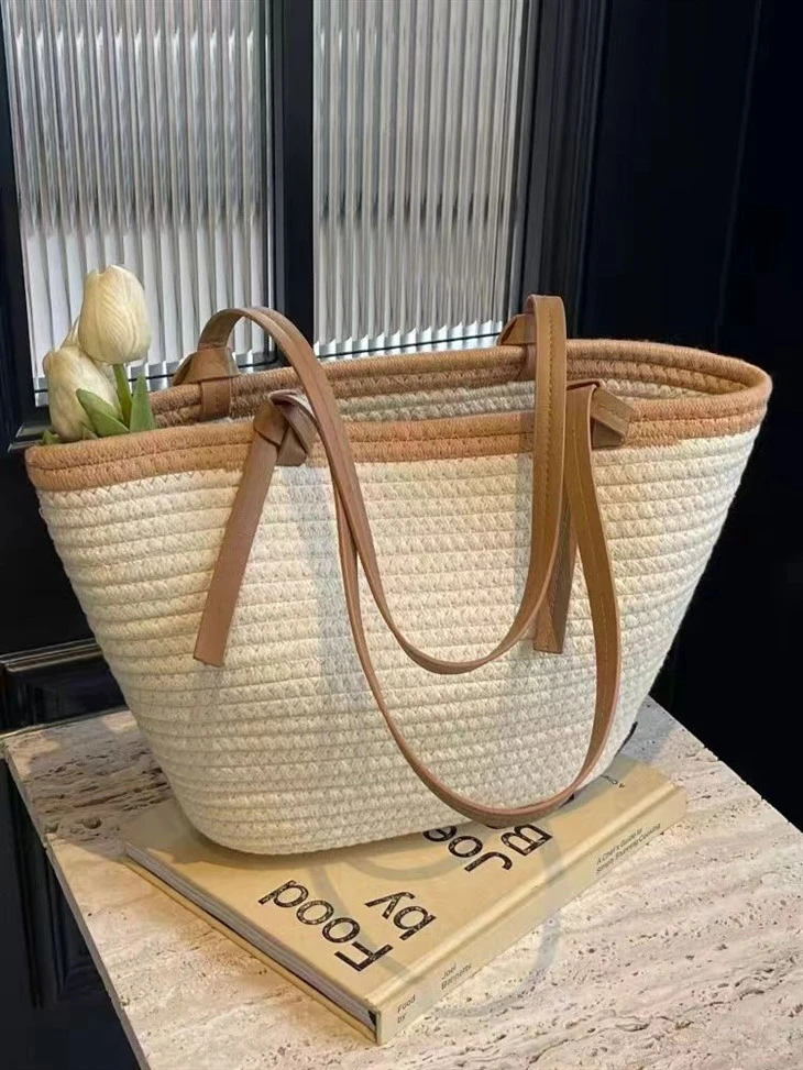 Bag Gwellt Gwyn a brown wedi'i wneud â llaw â rhaff cotwm