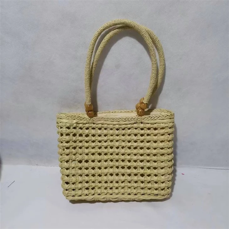 Bag Merched Beige Gwellt Hollow wedi'i wneud â llaw