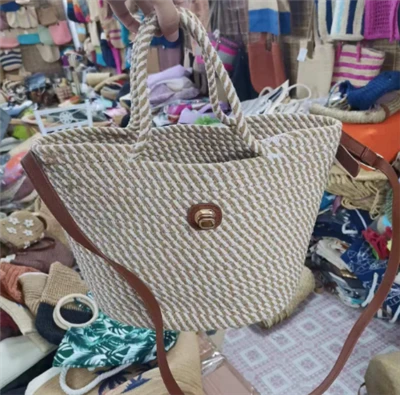 Bag Merched Rope Cotwm Gwehyddu â Llaw Gyda Handle Hir PU